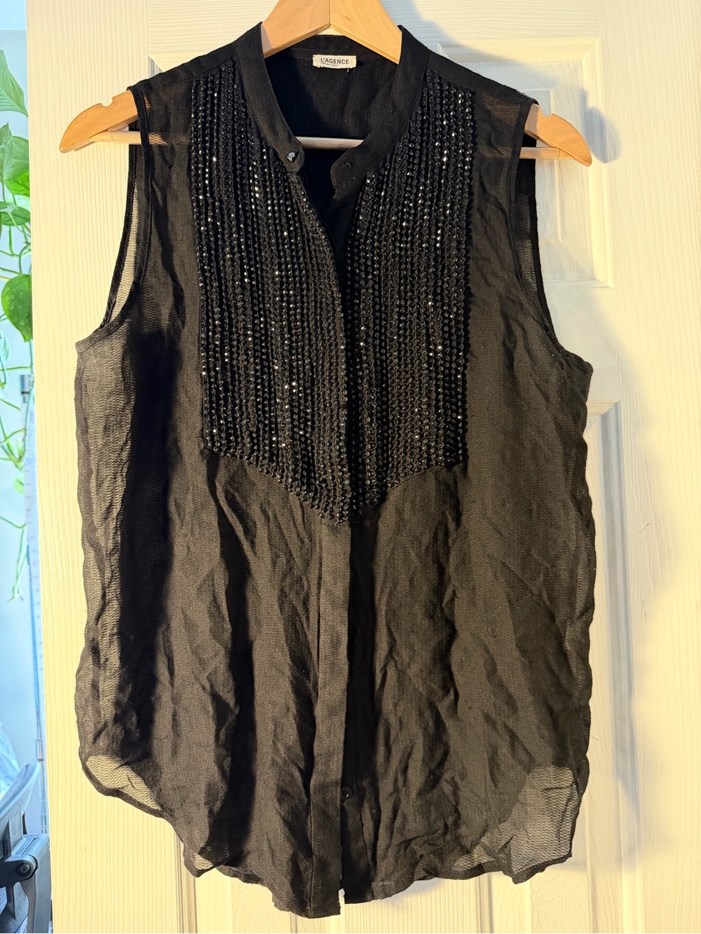 L'AGENCE 100% Silk Blouse Black Sequin Beaded Sheer Sleeveless Evening Top-S